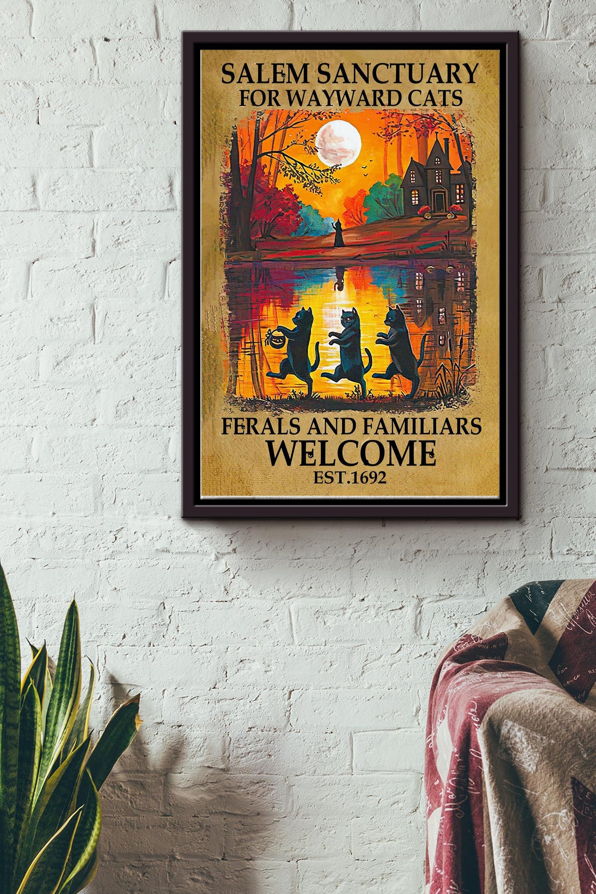 Salem Sanctuary For Wayward Black Cats Vintage Poster - Halloween Wall Art - Gift For Kids Halloween Black Cat Lover Adorable Moon Lover Framed Matte Canvas Framed Prints, Canvas