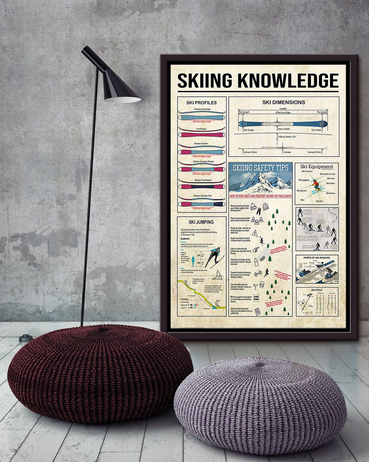 Skiing Knowledge Skiing Wall Decor Gift For Traveler Framed Canvas