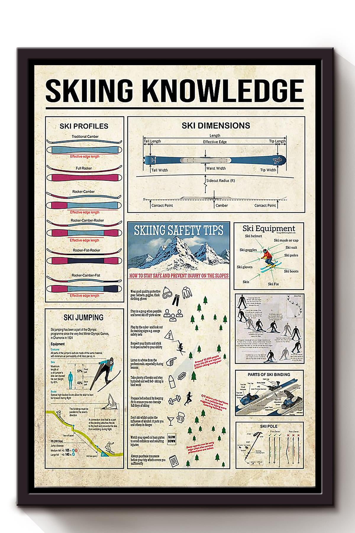 Skiing Knowledge Skiing Wall Decor Gift For Traveler Framed Canvas
