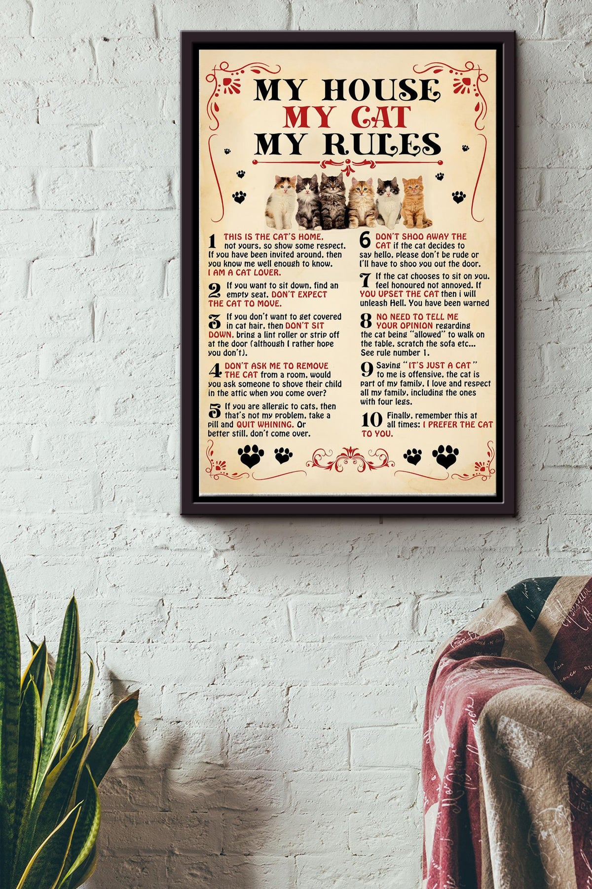 My House My Cat My Rules Poster - Animal Wall Art - Gift For Cat Lover Kitty Fan Cat Foster Home Decor Livingroom Decor Framed Matte Canvas Framed Prints, Canvas