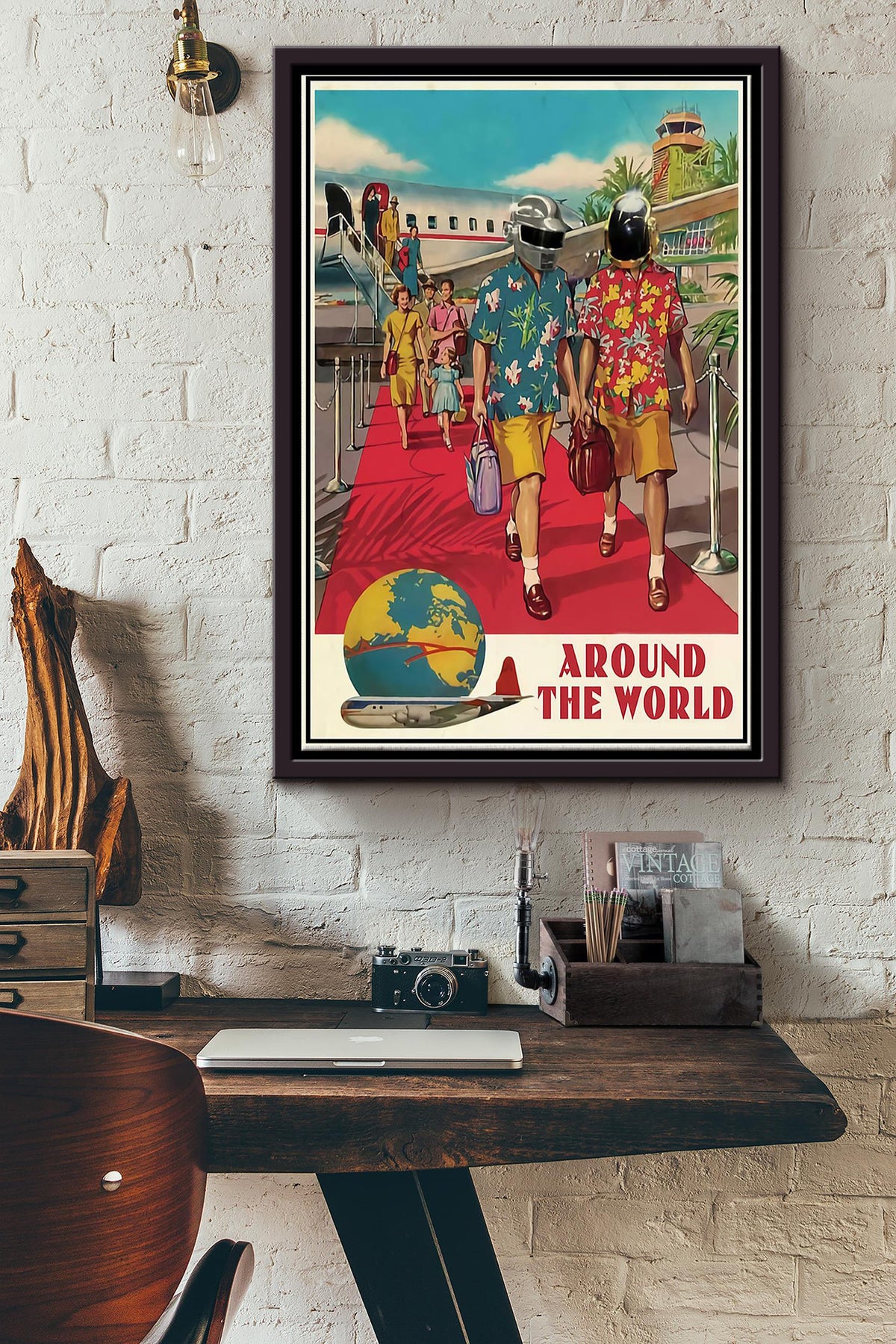 Traveling Around The World With Helmet Funny Poster Framed Matte Canvas