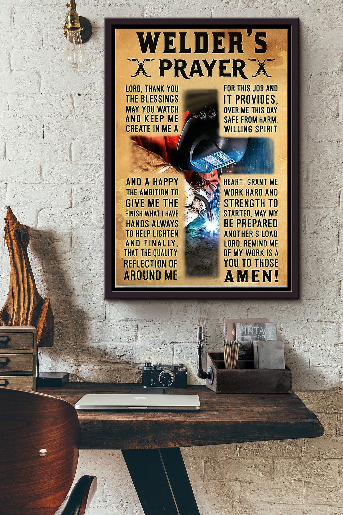 Welders Prayer Cross Poster Framed Matte Canvas