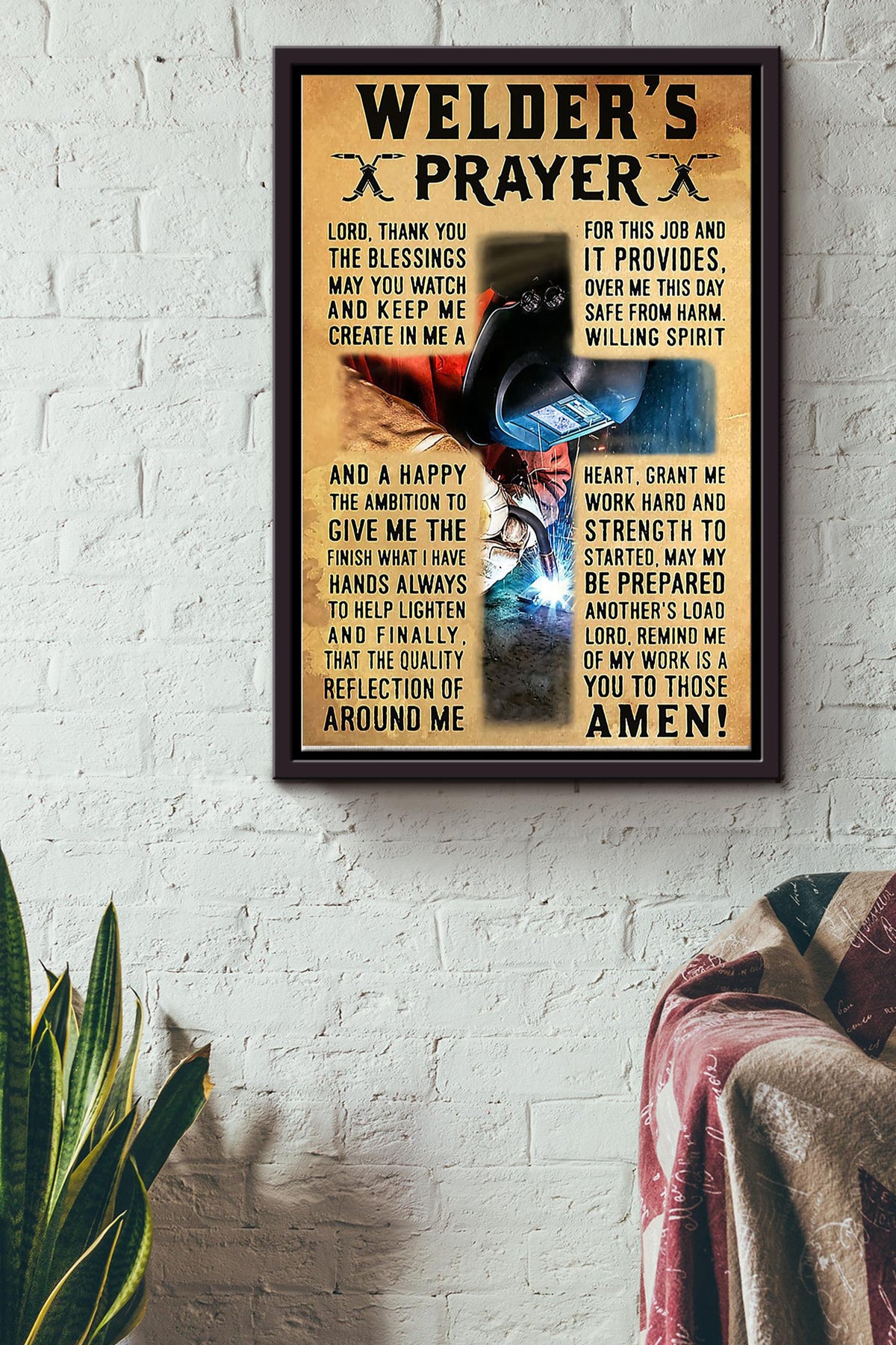 Welders Prayer Cross Poster Framed Matte Canvas