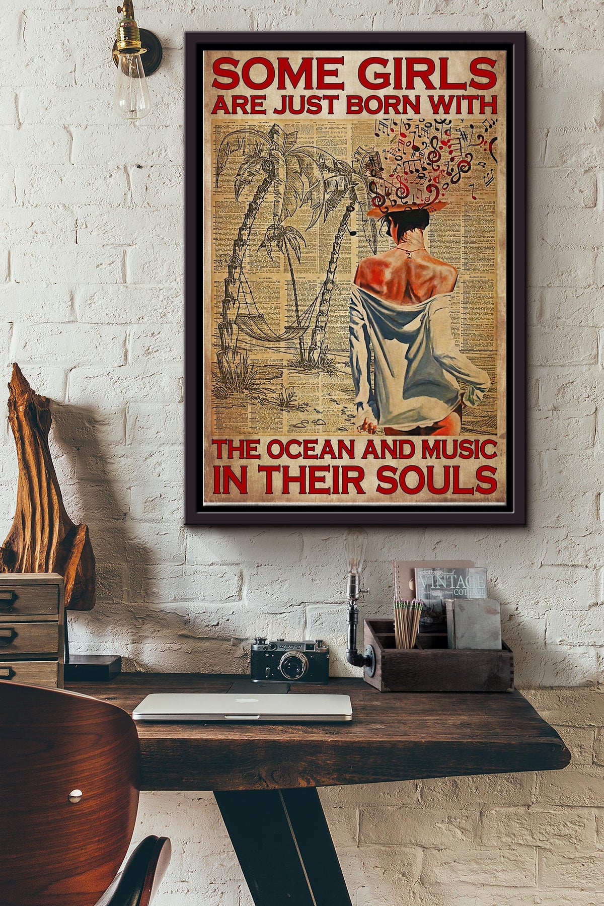 Some Girls Are Just Born With The Ocean And Music In Their Souls Girl On The Beach Poster Framed Matte Canvas