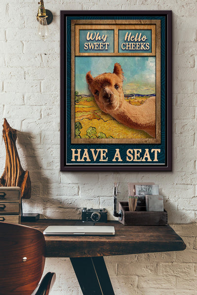 Why Sweet Hello Cheeks Have A Seat Alpaca Outside The Window Poster Framed Matte Canvas