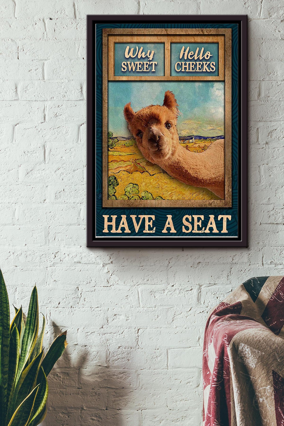 Why Sweet Hello Cheeks Have A Seat Alpaca Outside The Window Poster Framed Matte Canvas