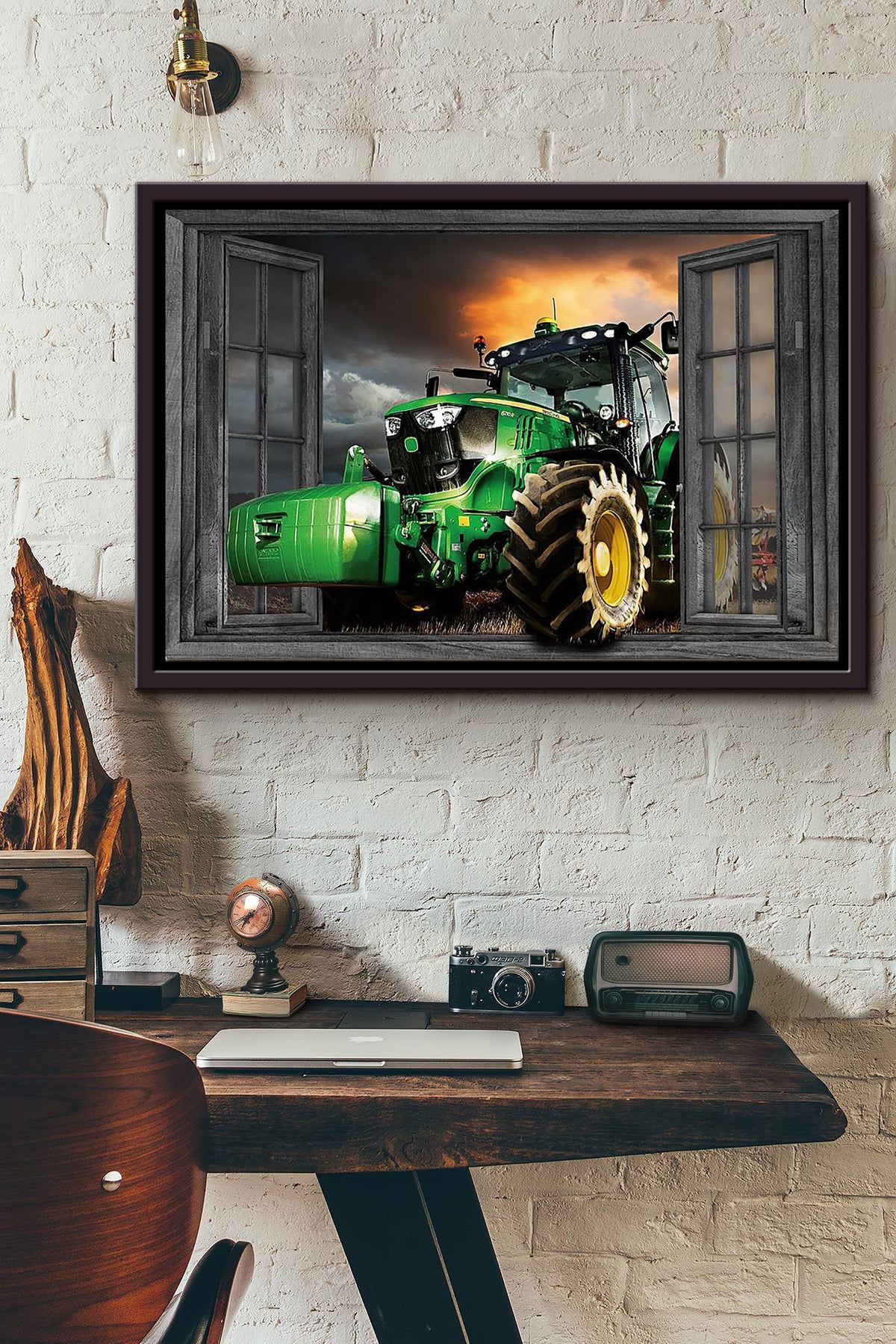 Window View Tractor Poster n Framed Matte Canvas