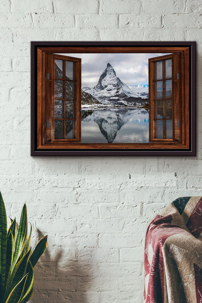 Snow Mountain By The Lake Window View Poster n Framed Matte Canvas