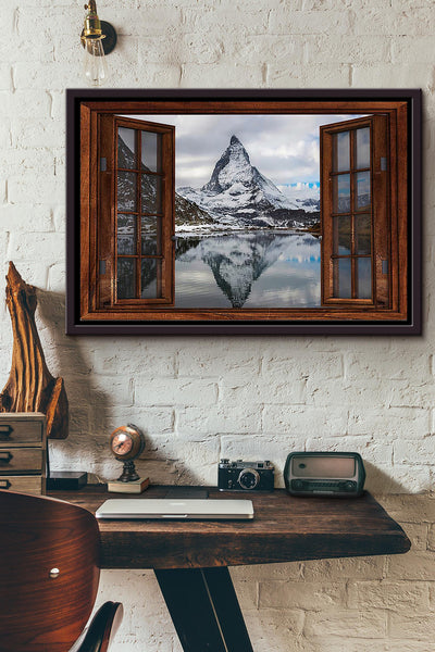 Snow Mountain By The Lake Window View Poster n Framed Matte Canvas
