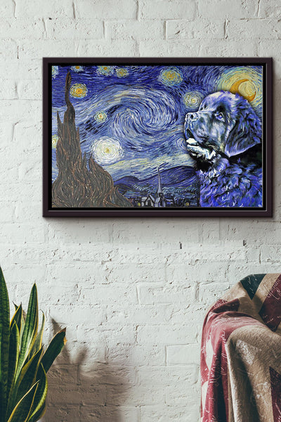Newfoundland Dog Starry Night Vincent Van Gogh Poster n Framed Matte Canvas