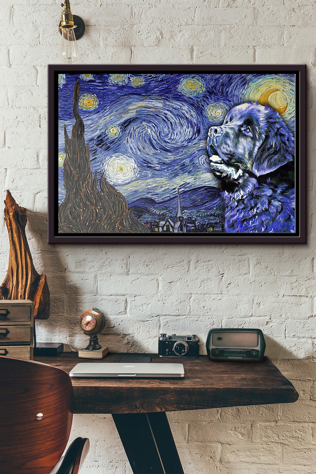 Newfoundland Dog Starry Night Vincent Van Gogh Poster n Framed Matte Canvas