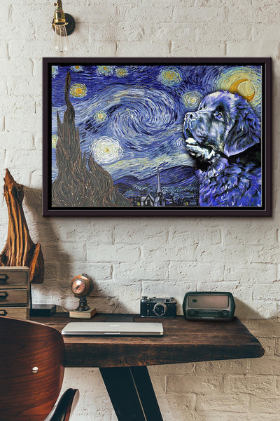 Newfoundland Dog Starry Night Vincent Van Gogh Poster n Framed Matte Canvas