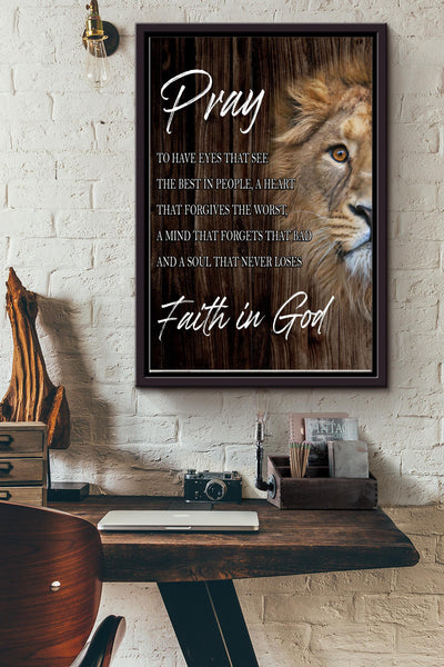 Pray Faith In God Poster - Quote Wall Art - Gift For Religious People Lion Lovers Soulmate Home Decor Living Room Decor Framed Matte Canvas Framed Prints, Canvas