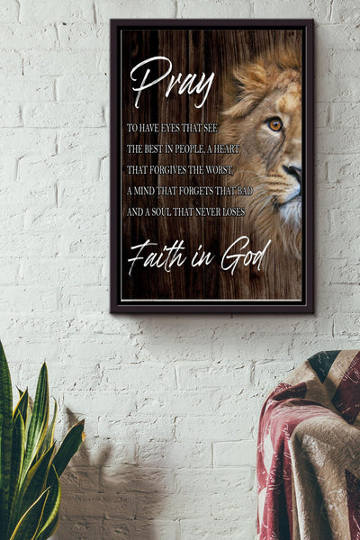 Pray Faith In God Poster - Quote Wall Art - Gift For Religious People Lion Lovers Soulmate Home Decor Living Room Decor Framed Matte Canvas Framed Prints, Canvas