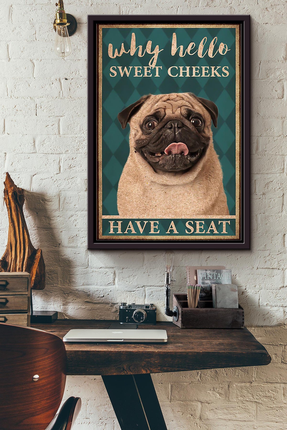 Pug Poster Why Hello Sweet Cheeks Have A Seat Poster Pug Bathroom Decor Funny Pug Wall Art Animal Lovers Print Nursery Decor Framed Canvas Framed Prints, Canvas