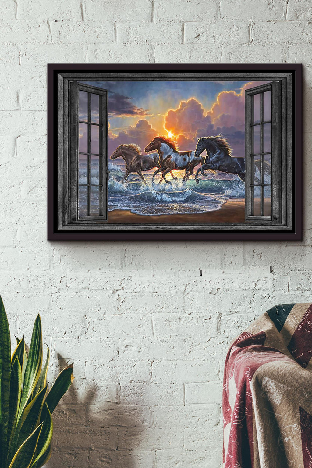 Window View Horse Runing On The Beach Poster n Framed Matte Canvas