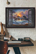 Window View Horse Runing On The Beach Poster n Framed Matte Canvas