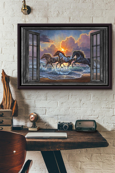 Window View Horse Runing On The Beach Poster n Framed Matte Canvas