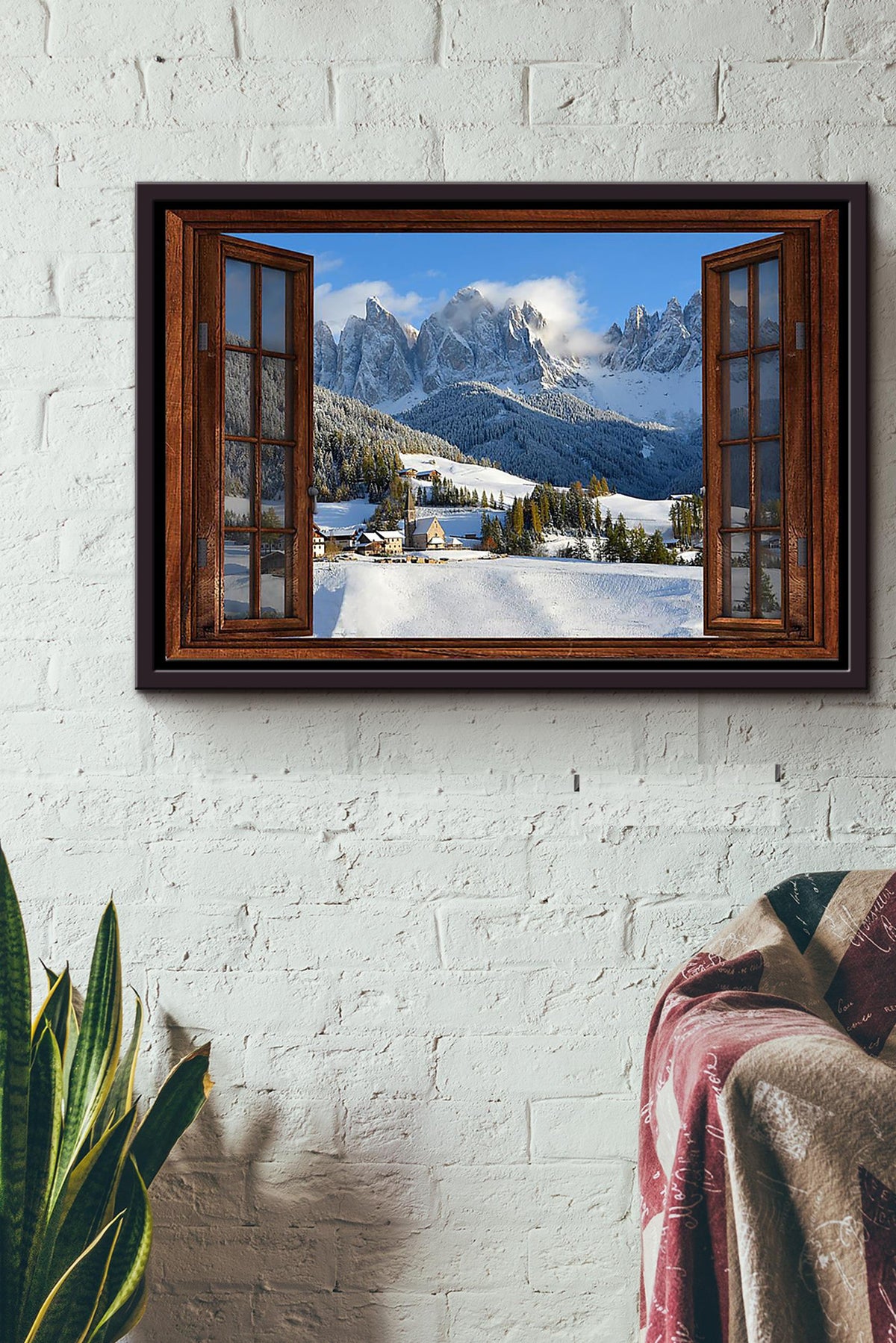 Snow Mountain With Pine Forest Window View Poster n Framed Matte Canvas