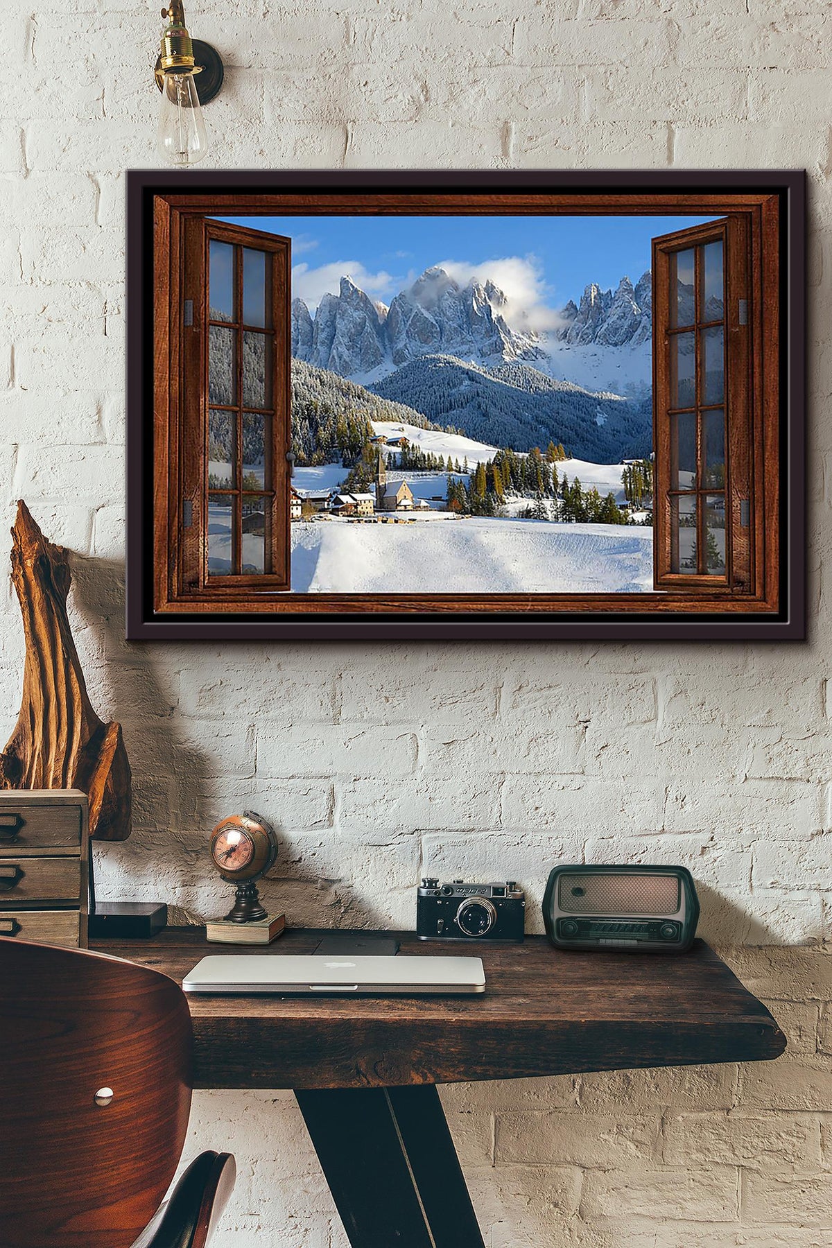 Snow Mountain With Pine Forest Window View Poster n Framed Matte Canvas