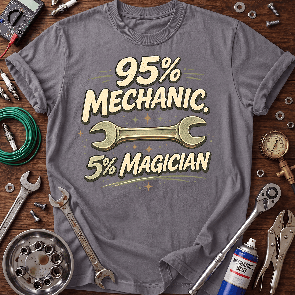 95% Mechanic 5% Magician Printed T-Shirt, Funny Mechanic Wrench Graphic Tee, Auto Repair Garage Mechanic Gift for Men