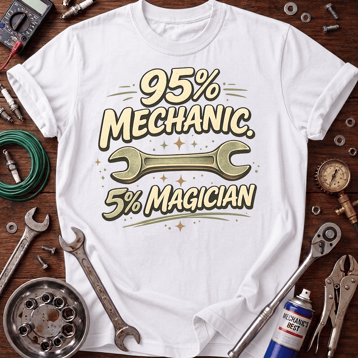 95% Mechanic 5% Magician Printed T-Shirt, Funny Mechanic Wrench Graphic Tee, Auto Repair Garage Mechanic Gift for Men