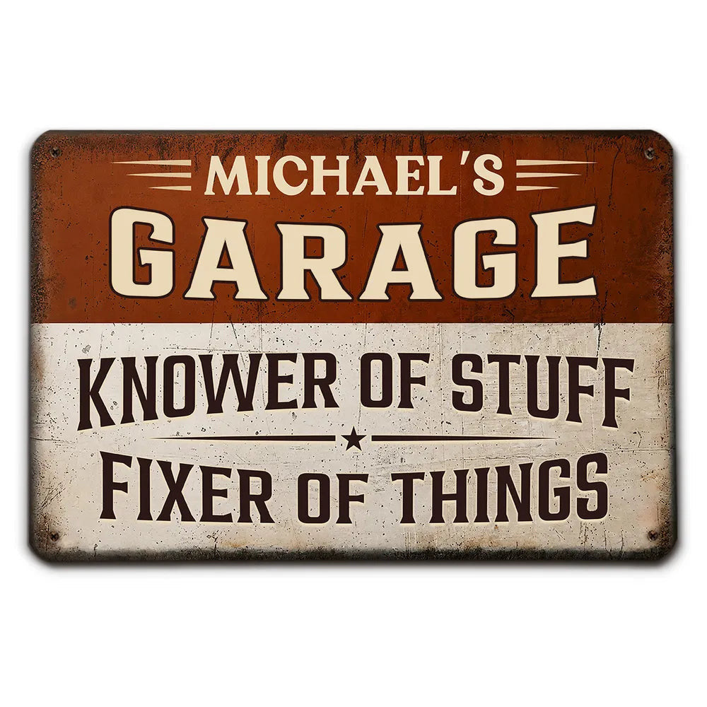 Personalized Garage Knower Of Stuff Fixer Of Things Personalized Metal Sign Custom Garage Sign Mechanic Gift for Dad Wall Decor