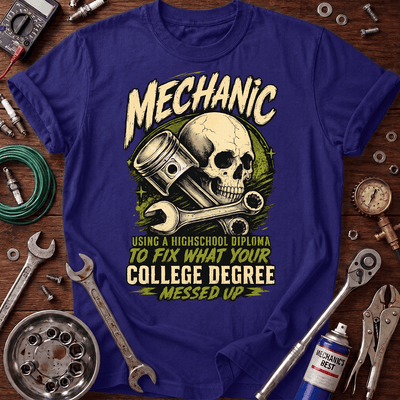 Mechanic High School Diploma Printed T-Shirt, Funny Auto Mechanic Shirt for Men, Skull Wrench Graphic Tee, Mechanic Gift