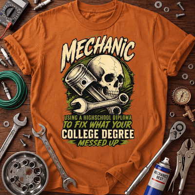 Mechanic High School Diploma Printed T-Shirt, Funny Auto Mechanic Shirt for Men, Skull Wrench Graphic Tee, Mechanic Gift