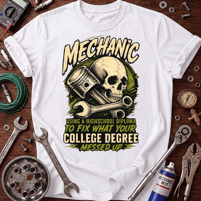 Mechanic High School Diploma Printed T-Shirt, Funny Auto Mechanic Shirt for Men, Skull Wrench Graphic Tee, Mechanic Gift