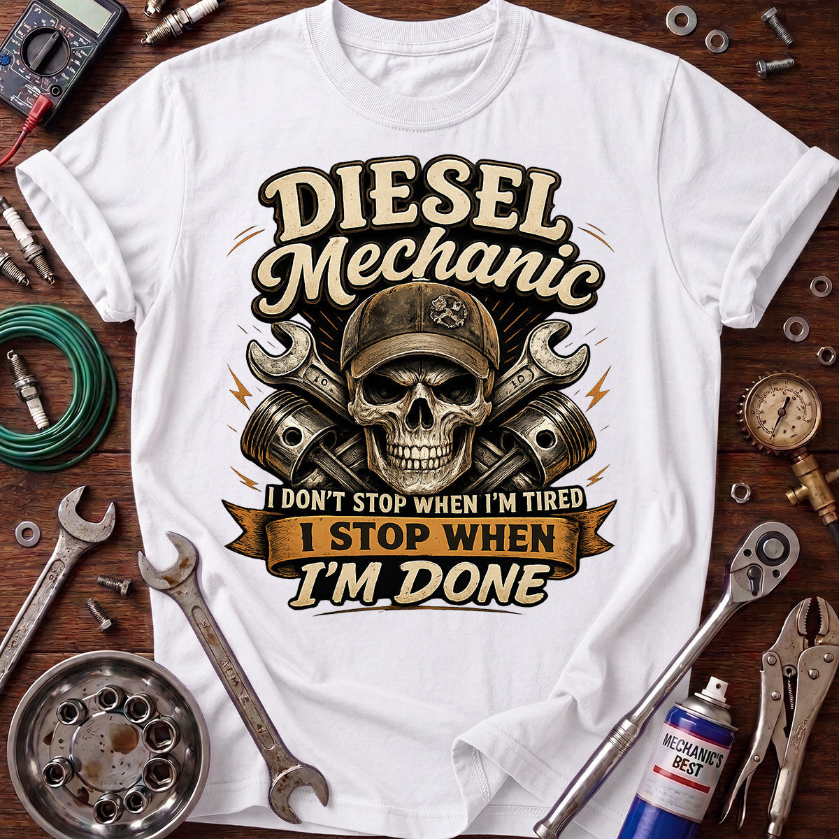 Diesel Mechanic Printed T-Shirt, I Stop When Im Done Skull Graphic Tee, Funny Diesel Technician Mechanic Gift for Men