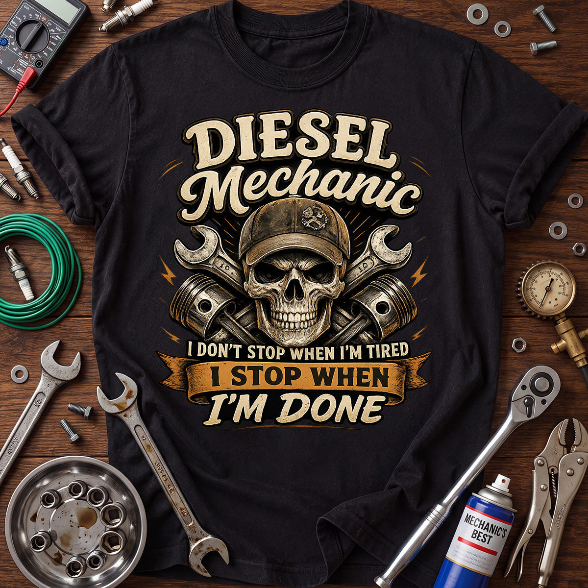 Diesel Mechanic Printed T-Shirt, I Stop When Im Done Skull Graphic Tee, Funny Diesel Technician Mechanic Gift for Men