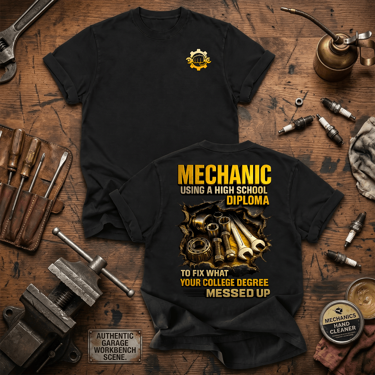 Mechanic Using A High School Diploma To Fix Printed Mechanic T Shirt Funny Auto Repair Gift Car Guy Tee, Mechanic Gift For Men & Husband