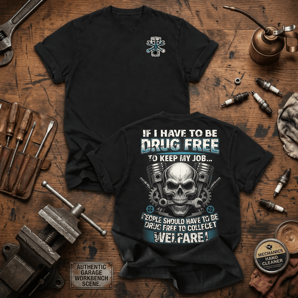 If I Have To Be Drug Free To Keep My Job Printed T-Shirt Funny Mechanic Shirt Father's Day Gift for Dad Blue Collar Worker Garage Technician Tee