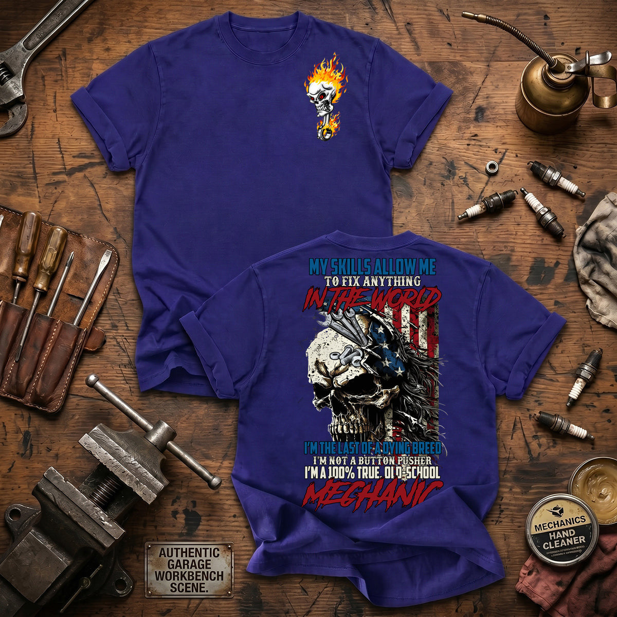 Old School Mechanic Printed T Shirt Funny Skull Eagle Graphic Auto Repair Technician Gift for Dad Father's Day Vintage Garage Worker Tee