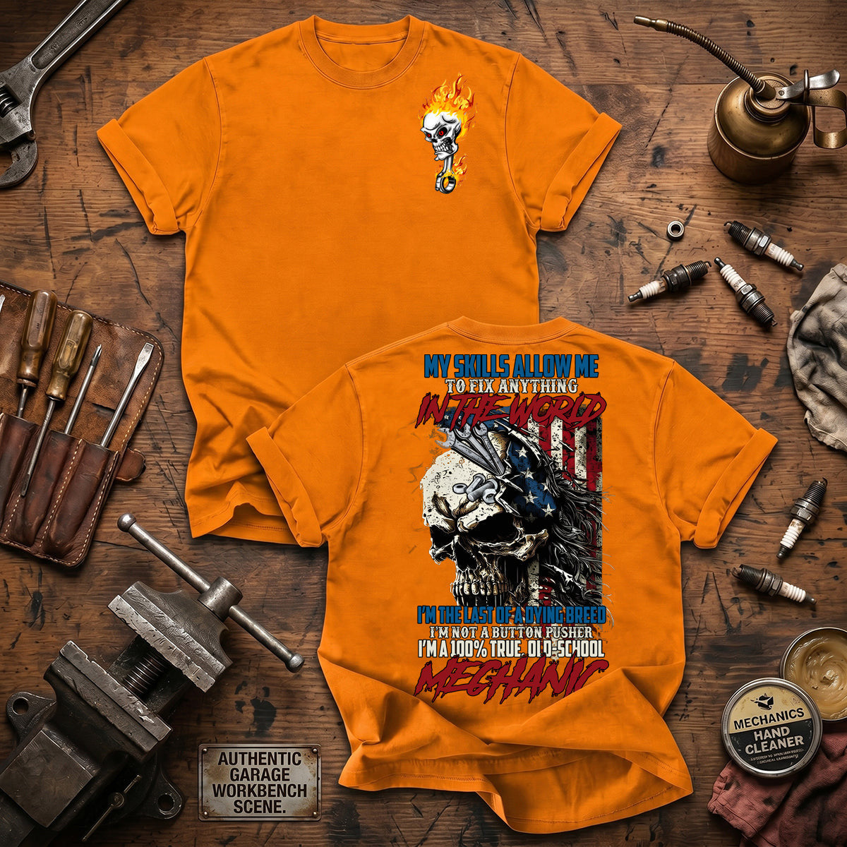 Old School Mechanic Printed T Shirt Funny Skull Eagle Graphic Auto Repair Technician Gift for Dad Father's Day Vintage Garage Worker Tee