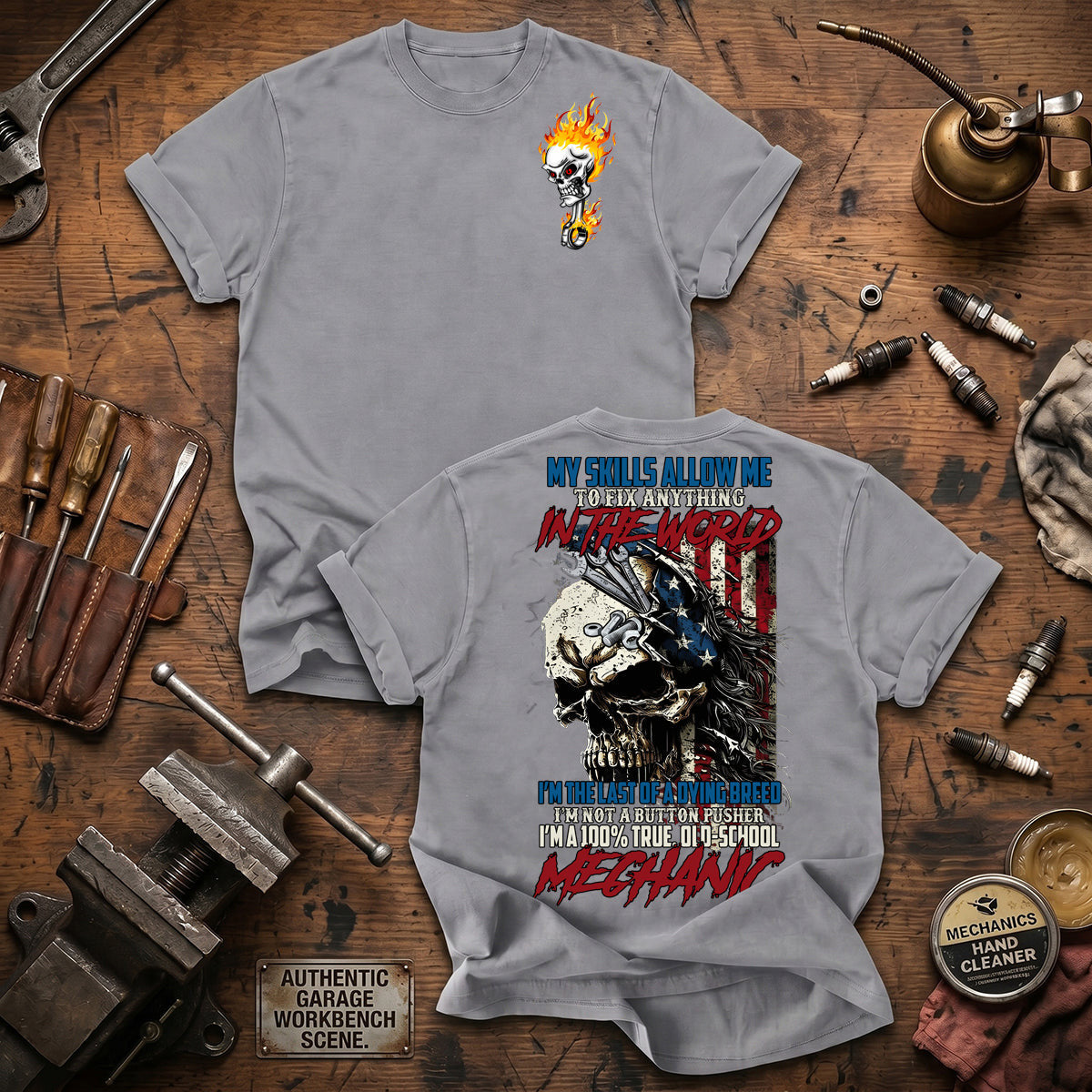 Old School Mechanic Printed T Shirt Funny Skull Eagle Graphic Auto Repair Technician Gift for Dad Father's Day Vintage Garage Worker Tee