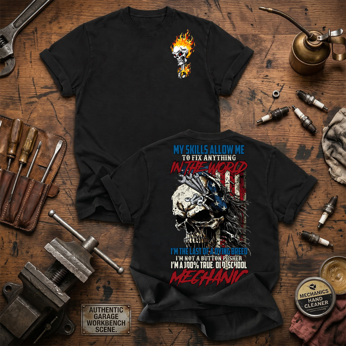 Old School Mechanic Printed T Shirt Funny Skull Eagle Graphic Auto Repair Technician Gift for Dad Father's Day Vintage Garage Worker Tee