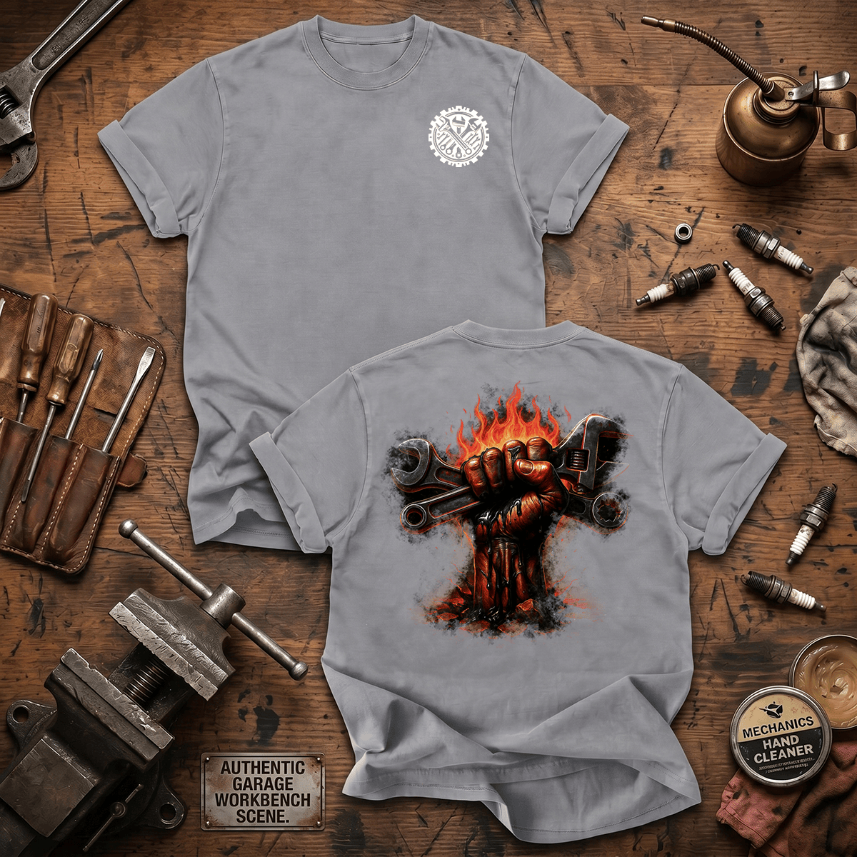 Flaming Wrench Mechanic Printed T Shirt Fire Tool Graphic Auto Repair Technician Gift for Dad Garage Worker Car Enthusiast Tee