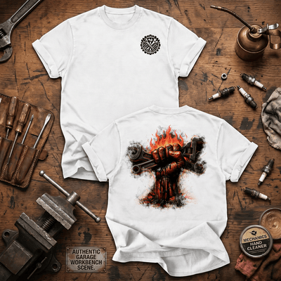 Flaming Wrench Mechanic Printed T Shirt Fire Tool Graphic Auto Repair Technician Gift for Dad Garage Worker Car Enthusiast Tee