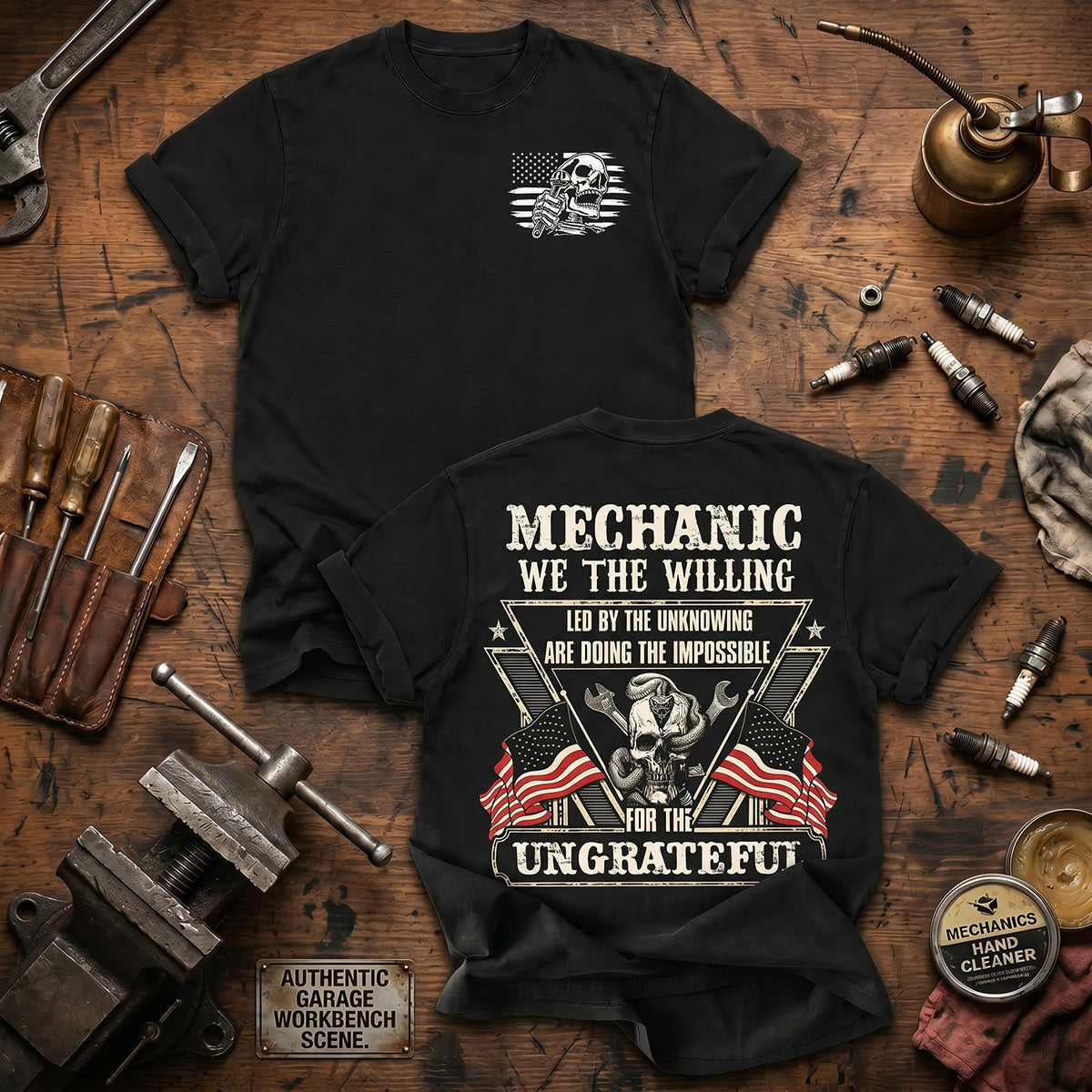 Mechanic We The Willing Led By The Unknowing Are Doing Printed T-Shirt Funny Mechanic Gift for Dad Auto Repair Technician Garage Shirt