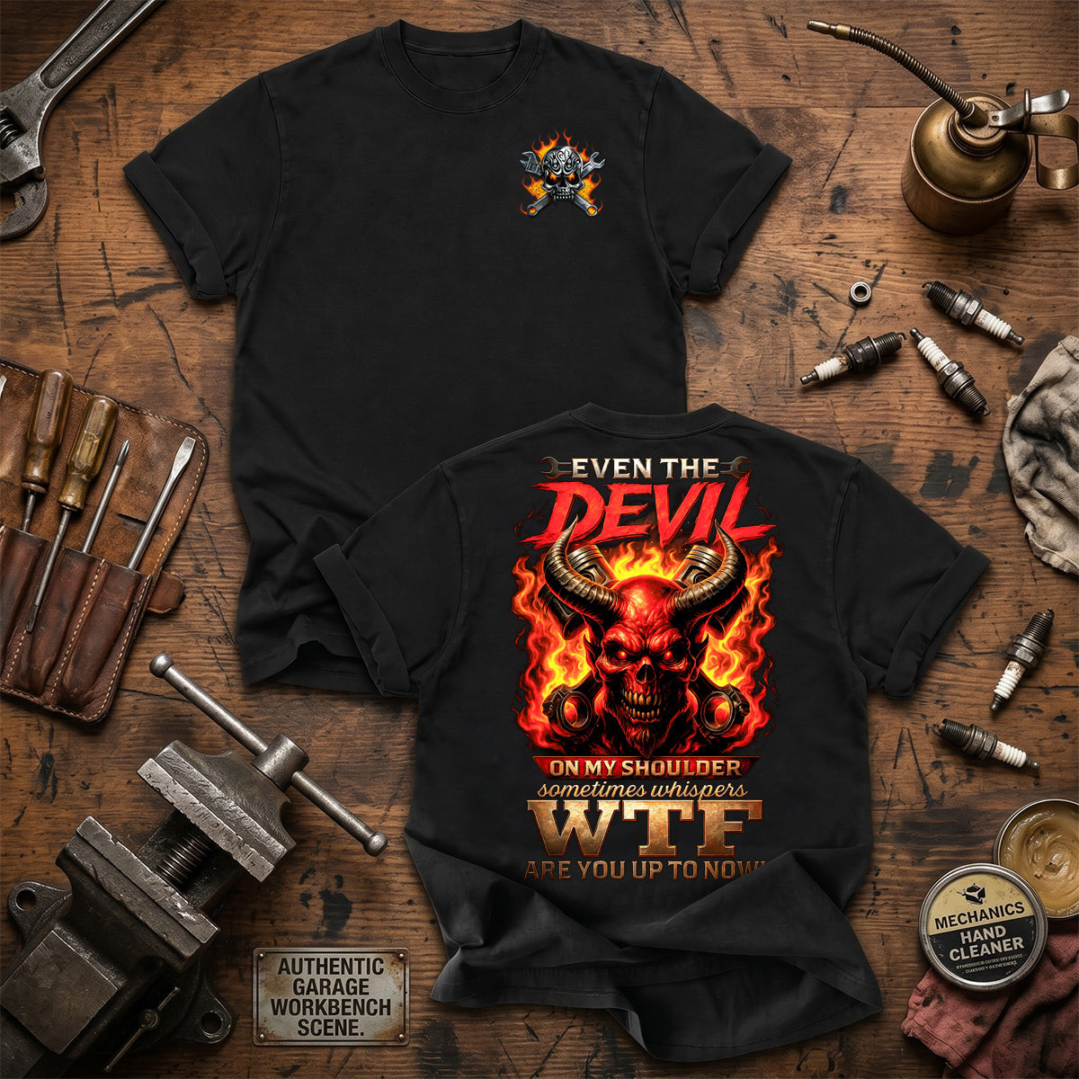 Even The Devil On My Shoulder Sometimes Whispers WTF Are You Up To Now Printed T Shirt Mechanic Skull Gift for Dad Grandpa Auto Repair