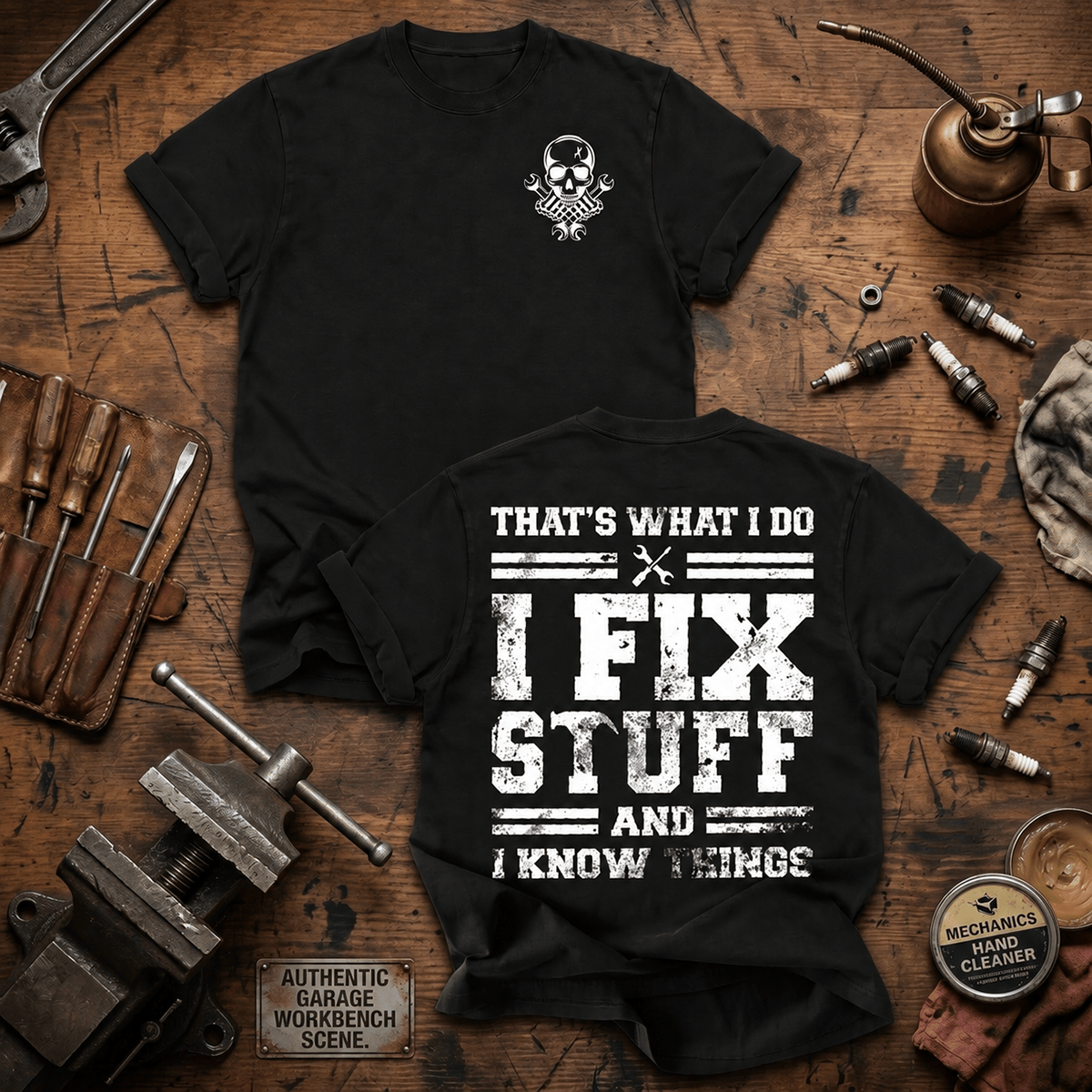 That's What I Do I Fix Stuff And I Know Things Printed T-Shirt Funny Mechanic Shirt for Men Father's Day Gift Auto Repair Technician Tee