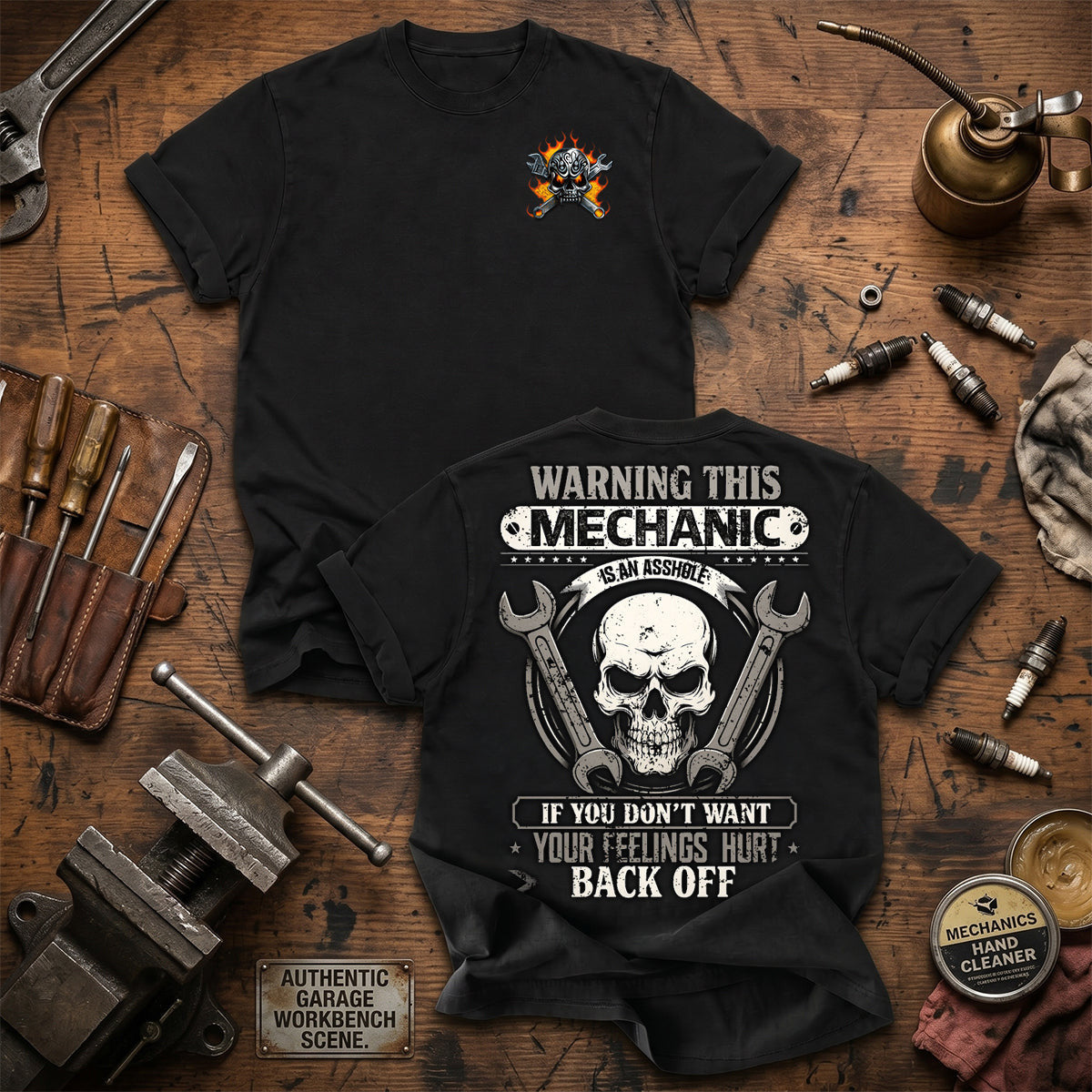 Warning This Mechanic Is An Asshole If You Don't Want Your Feelings Hurt Back Off Printed T Shirt Mechanic Gift for Dad Grandpa Auto Repair