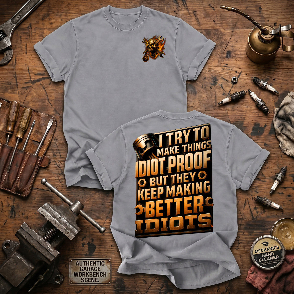 Idiot Proof Printed Mechanic T Shirt Funny Garage Worker Gift for Dad Grandpa Auto Technician Car Repair Gift for Men