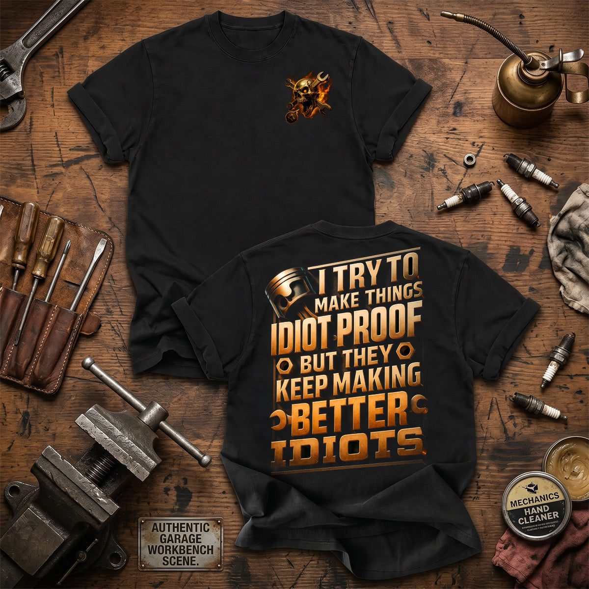 Idiot Proof Printed Mechanic T Shirt Funny Garage Worker Gift for Dad Grandpa Auto Technician Car Repair Gift for Men