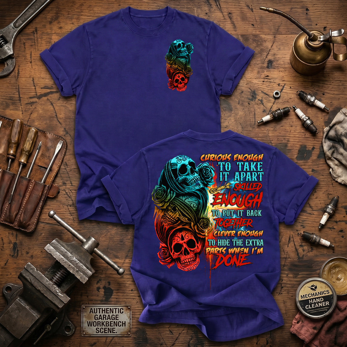 Curious Enough To Take It Apart Printed T Shirt Funny Mechanic Skull Graphic Auto Repair Technician Gift for Dad Father's Day Tee