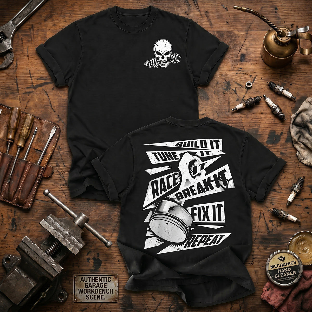 Build It Tune It Race It Break It Fix It Repeat Printed T-Shirt Mechanic Racing Gift for Dad Car Enthusiast Auto Repair Technician Shirt