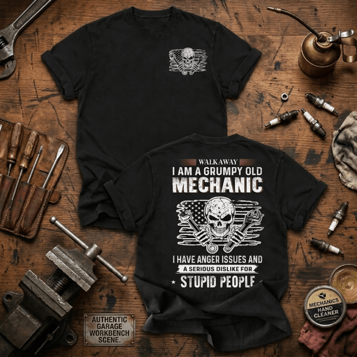 Walk Away I Am A Grumpy Old Mechanic I Have Anger Issues Printed T-Shirt Funny Mechanic Shirt Fathers Day Gift for Dad Grandpa