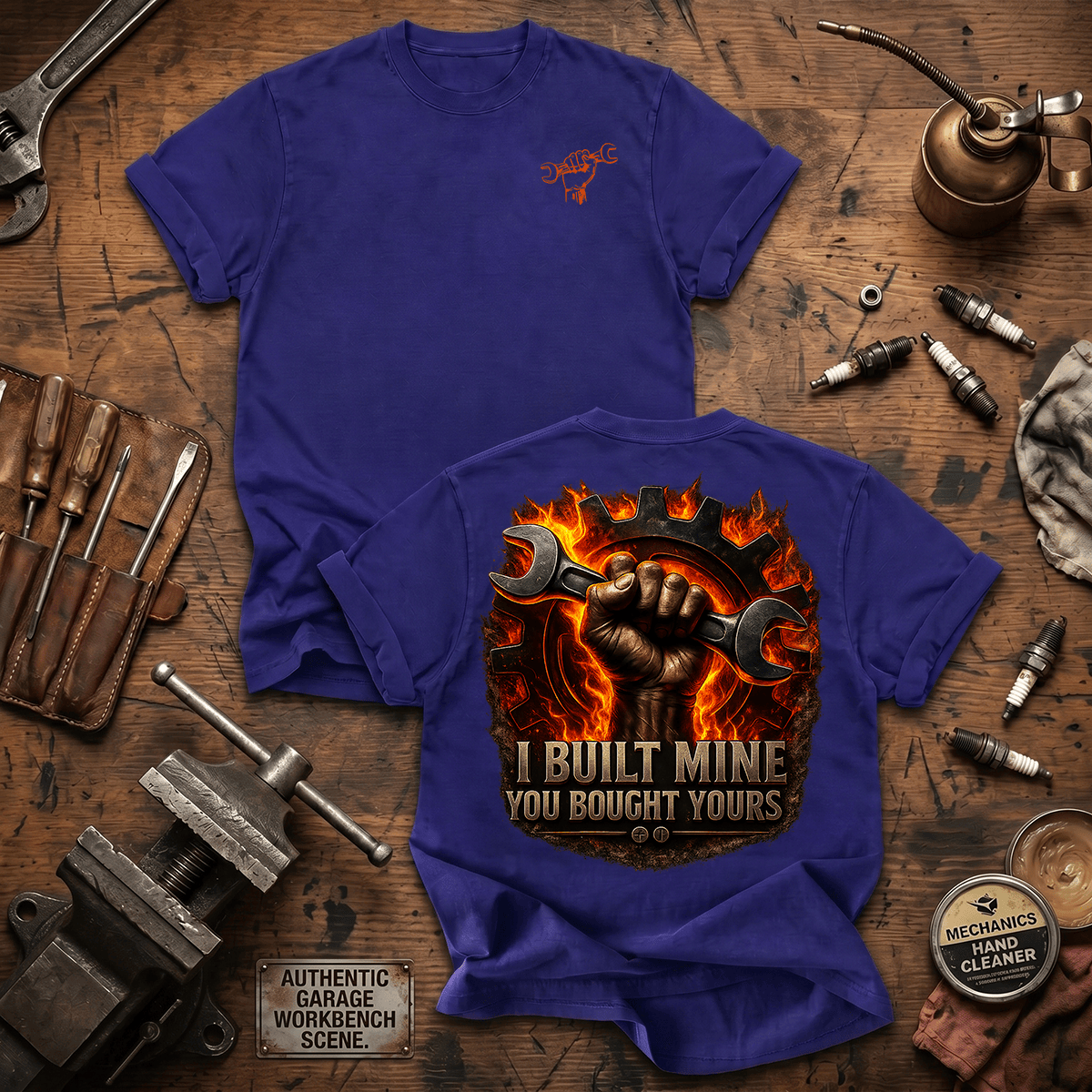 I Built Mine You Bought Yours Printed T Shirt Funny Wrench Mechanic Graphic Gift for Dad Auto Repair Technician Car Guy Tee